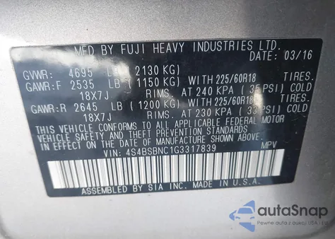 2016 Subaru Outback 2.5I Limited z USA, uszkodzony, nr VIN 4S4BSBNC1G3317839